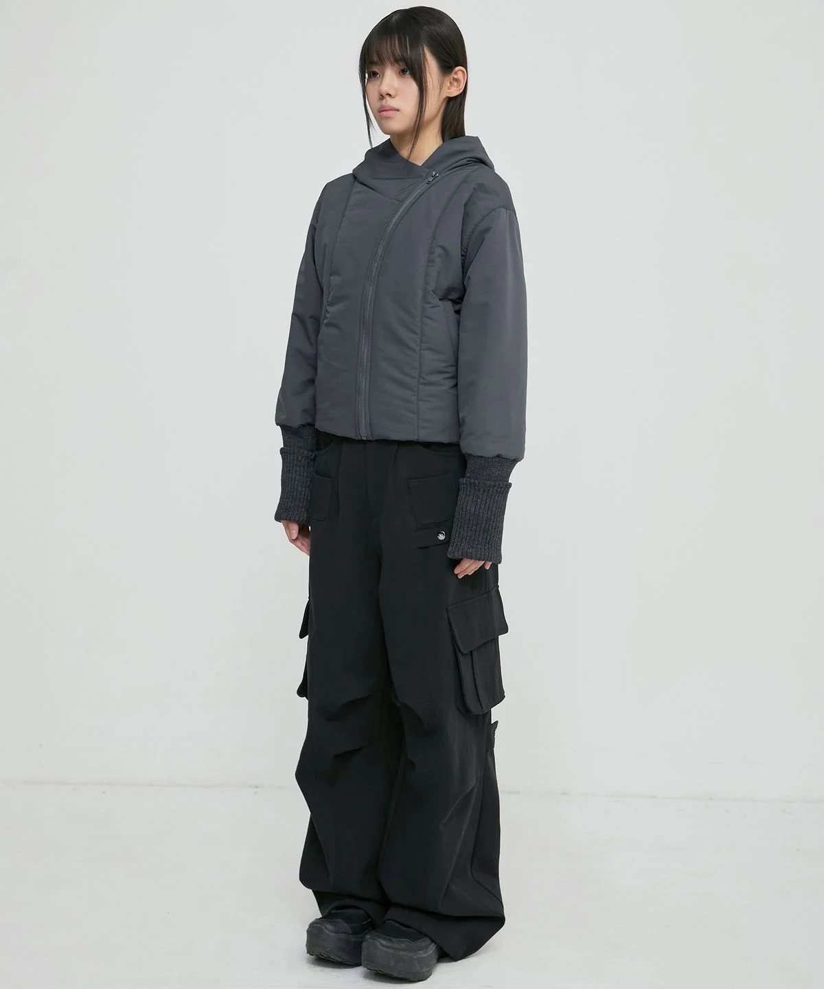 Hooded Asymmetrical Puffer Jacket ( ) 플레어업 비대칭 패딩 FL-053_Charcoal 실물 보자마자 반해서 매일 입는 중