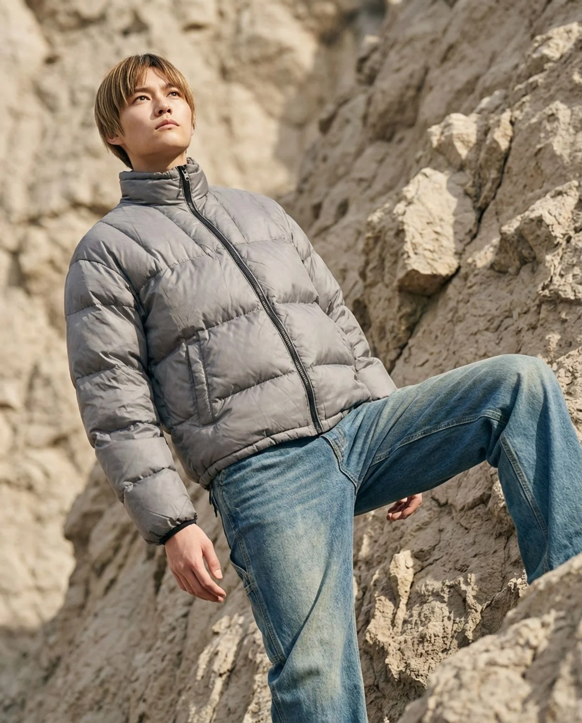 178cm 남성이 size 2 패딩을 입고 활동적인 포즈를 취하며 자연스러운 핏감을 보여주는 야외 전신 샷
